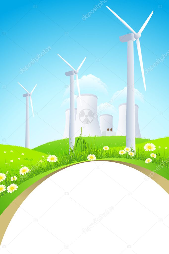 Green Landscape with Windmills and Nuclear Power Plant