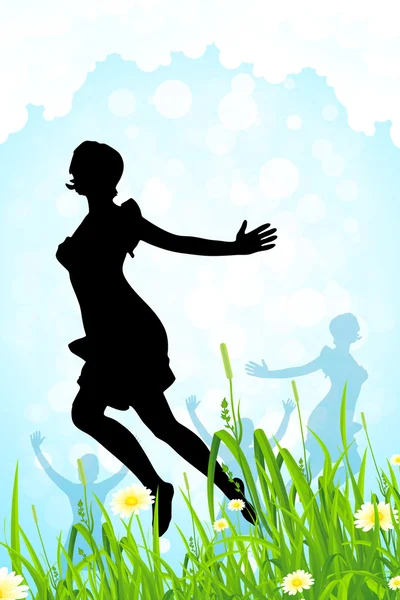 Nature Background with Girl Silhouette in Jump — Stock Vector