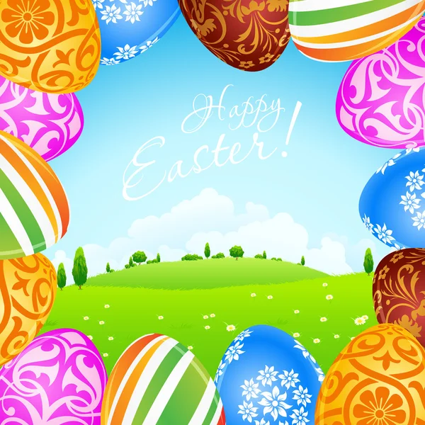 Green Landscape Background with Easter Eggs — Stock Vector