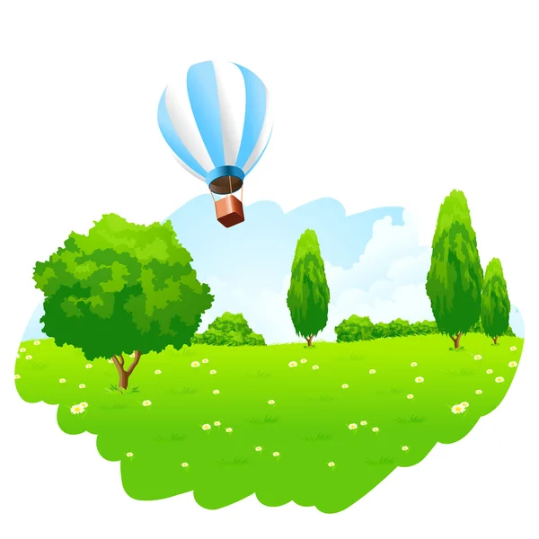 Groen landschap met hete luchtballon in de hemel — Stockvector
