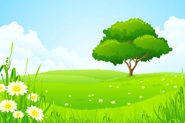 Green Landscape with Tree — Stock Vector