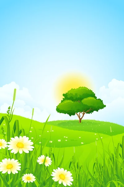 Green Landscape with Tree — Stock Vector