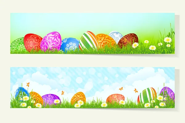 Conjunto de tarjetas de Pascua con huevos decorados — Vector de stock