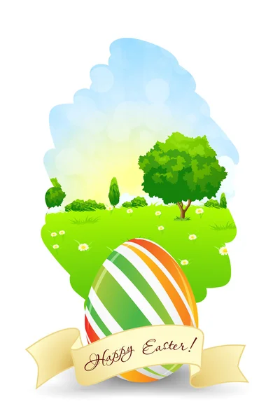 Tarjeta de Pascua con Paisaje y Huevo Decorado — Vector de stock