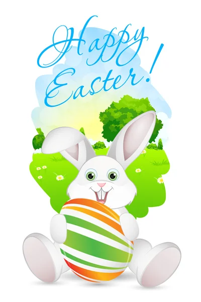 Kartka Wielkanocna z krajobraz, królik i zdobione jajko — Wektor stockowy