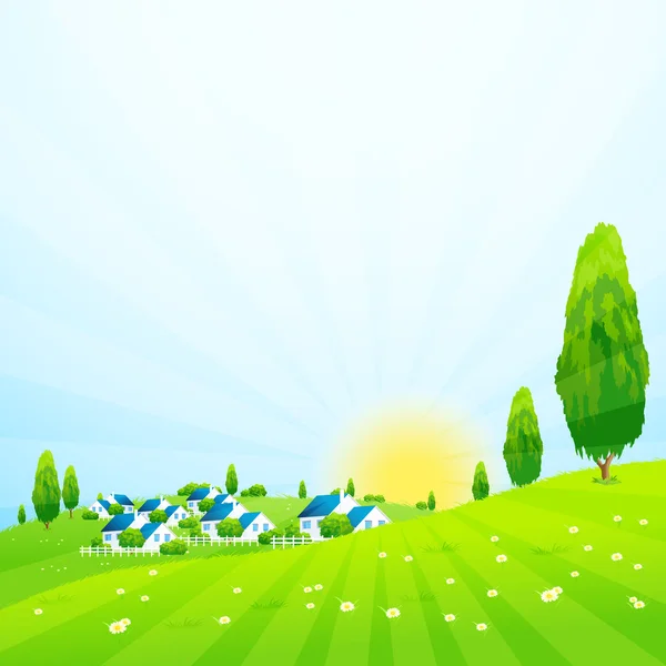 Grönt landskap med by — Stock vektor