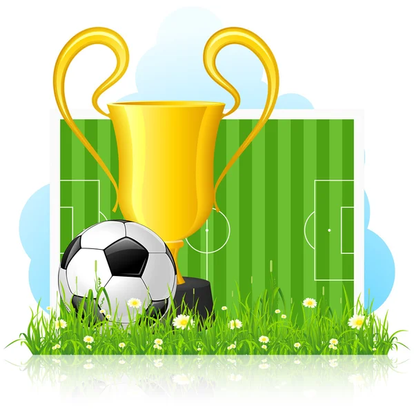 Voetbal met trofee op groen gras — Stockvector