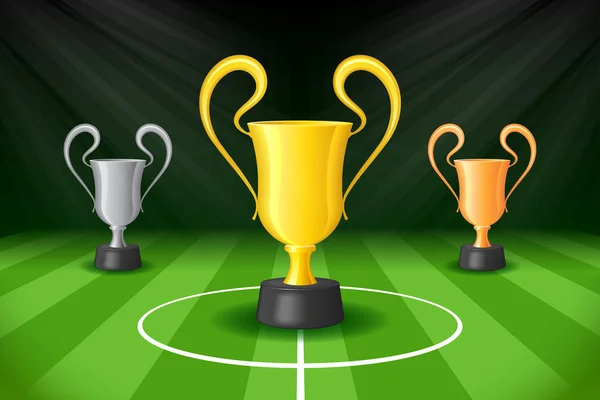 Soccer Background with Three Award Trophy — Stock Vector