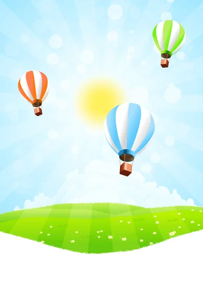 Paisagem verde com balão de ar quente no céu —  Vetores de Stock