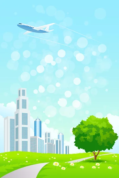 Green landscape with city — Stock Vector