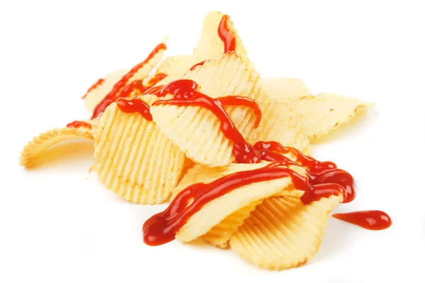 Potato chips with ketchup — Stock Photo, Image