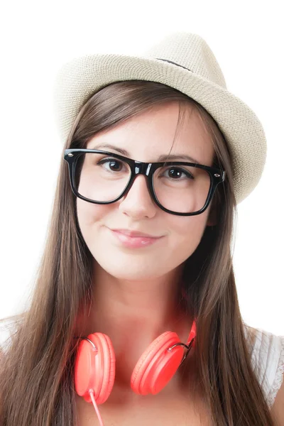 Girl with headphones and hat — Stock Photo, Image