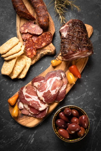 Panneau Charcuterie Avec Diverses Charcuteries Saucisses — Photo