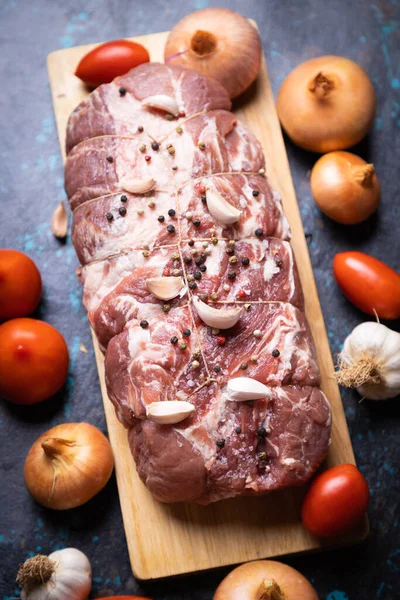 Viande Crue Porc Préparée Pour Rôtir Four Dans Barbecue — Photo