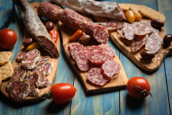 Charcuterie Board Various Cured Meats Sausages — Stock Photo, Image