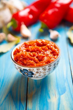 Ajvar, balkan food consisted of roasted peppers, garlic, aubergine and olive oil