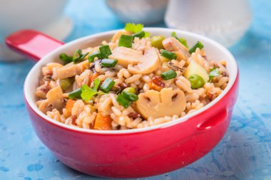 Risotto ya da mantar ve sebzeli pilav.