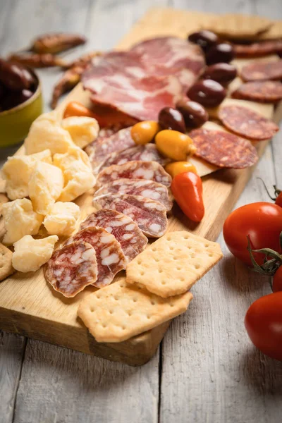 Charcuterie Board Various Cured Meats Sausages — Stock Photo, Image