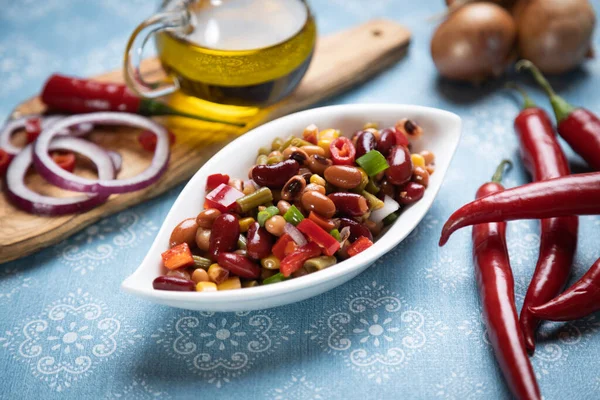 Blandad Bönsallad Hälsosamt Och Näringsrikt Vegetariskt Mjöl — Stockfoto