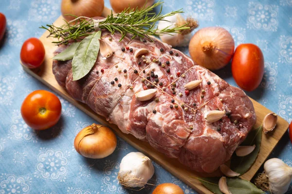 Viande Crue Porc Préparée Pour Rôtir Four Dans Barbecue — Photo