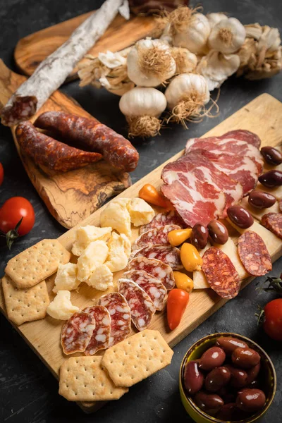 Charcuterie Board Various Cured Meats Sausages — Stock Photo, Image