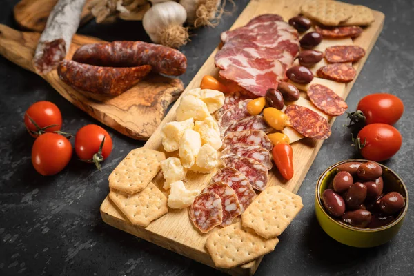 Charcuterie Board Various Cured Meats Sausages — Stock Photo, Image