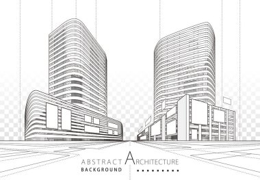 3D çizim doğrusal çizim. Hayal gücü mimarisi kentsel yapı tasarımı, mimari modern soyut arkaplan. 