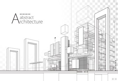 3D çizim doğrusal çizim. Hayal gücü mimarisi kentsel yapı tasarımı, mimari modern soyut arkaplan. 