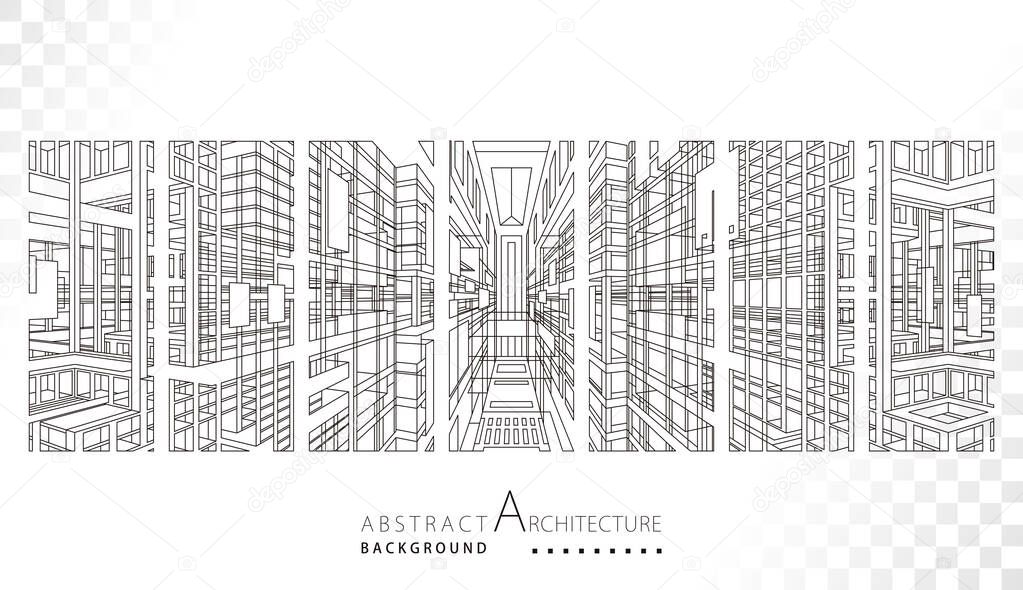 3D illustration Imagination architecture building construction perspective design,abstract modern urban building out-line black and white drawing.