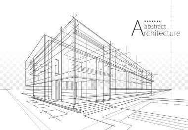 3D illüstrasyon Hayalgücü Mimarisi inşaat perspektifi tasarımı, soyut modern şehir binası çizimi siyah beyaz çizim.