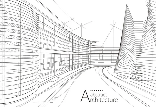 3Dイラスト想像力アーキテクチャビルディング建築物の視点デザイン 抽象的な近代的な都市の建物アウトライン黒と白の図面 — ストックベクタ