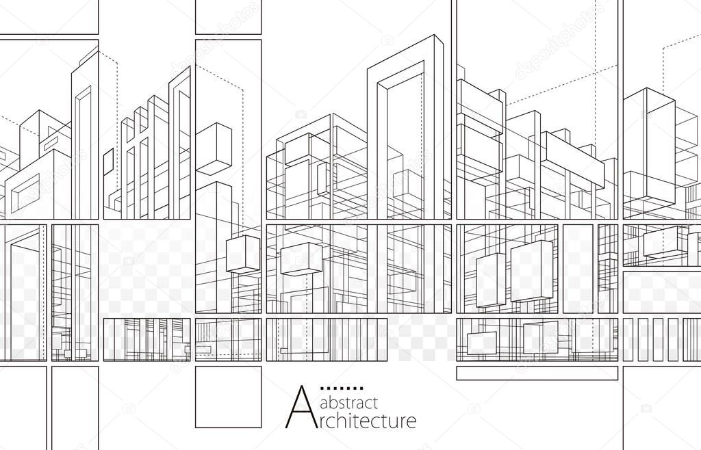 3D illustration Imagination architecture building construction perspective design, abstract modern urban building outline black and white drawing.
