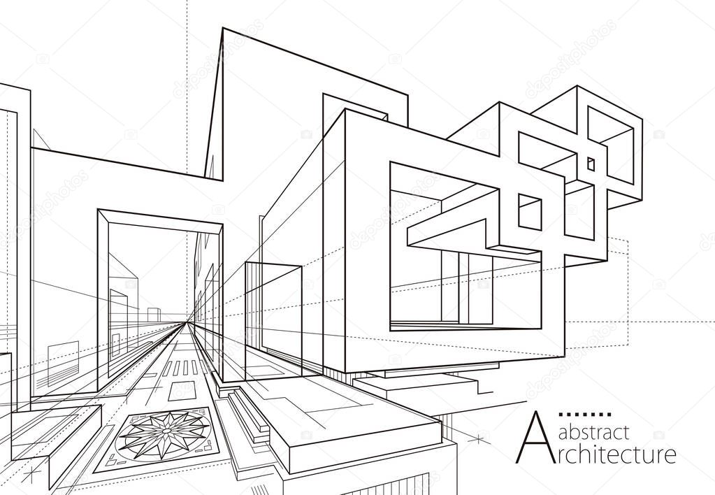 3D illustration of imagination architecture building construction perspective design, black and white line drawing of abstract modern urban building.