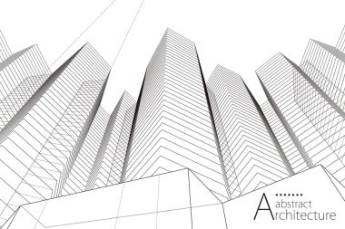 3D illüstrasyon, soyut modern şehir manzarası çizimi, yaratıcı mimari yapı perspektifi tasarımı.