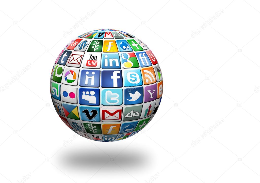 Gabrovo,Bulgaria -January 11, 2013. A social media logotype collection of well-known social network brand's placed on 3D sphere. Include Facebook, YouTube, Twitter, Google Plus, Instagram and more other logos.