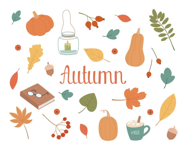 Autumn set cute elements leaves, cup, book, candle, acorn, pumpkin. — Stock Vector