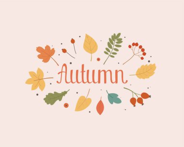 Sonbahar harfleri ve mevsimsel elementler vektör düz illüstrasyonlu dekoratif tasarım kompozisyonu