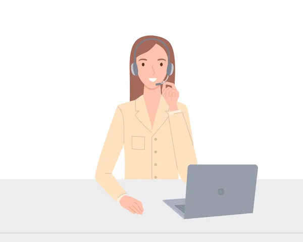 Девушка в наушниках и ноутбуке разговаривает по телефону. Техническая поддержка клиентов 24-7, телефонная горячая линия для бизнеса. — стоковый вектор