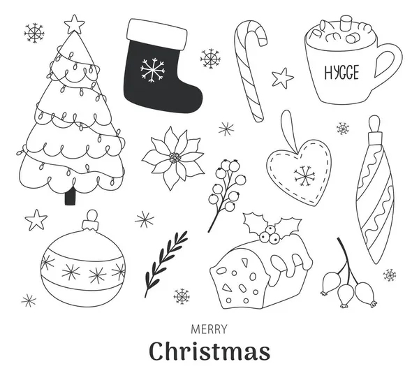 Soustředěné vánoční ikony ve stylu čmáranice. Kolekce svátečních prvků Vánoční stromeček, ponožky, sladkosti, vánoční hračky, větvičky a další. — Stockový vektor