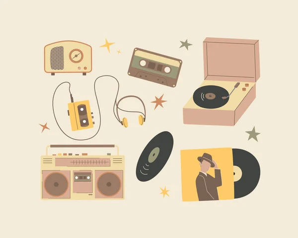 Attrezzatura musicale nostalgia, cassetta e disco in vinile, radio e registratore. — Vettoriale Stock