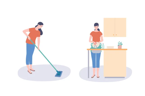 Mujer feliz lava el piso y platos, tareas domésticas, servicios de limpieza. — Archivo Imágenes Vectoriales