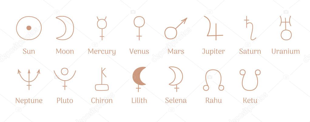 Astrological symbols of planets, aspects and nodes. Hand-drawn contour illustration.