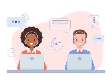 Çağrı merkezi, yardım hattı müşteri desteği. Ofis çalışanları, kulaklıklar, tele pazarlama acenteleri..