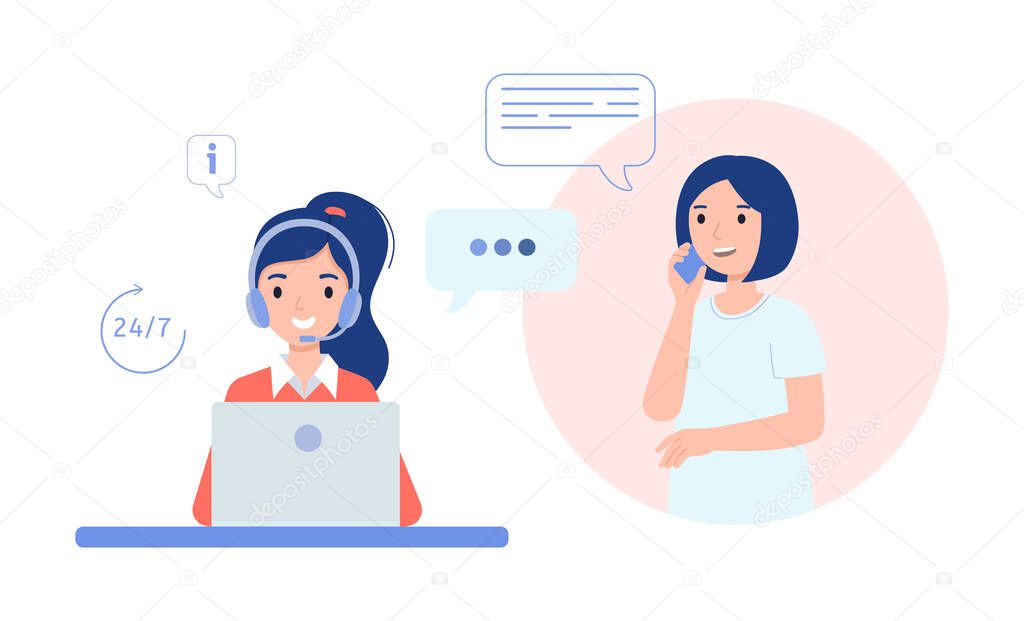 Girl in headphones communicates with client. Technical support for customers 24-7, telephone hotline for business.