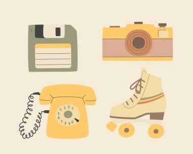 Nostalji müzik ekipmanları, kaset ve vinil disk, radyo ve vinil plak çalar..