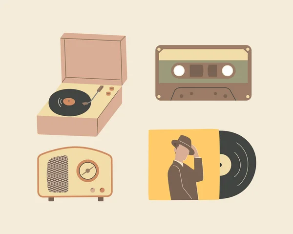 Hudební zařízení Nostalgie, kazetová páska a vinylový disk, rozhlasový a vinylový přehrávač. — Stockový vektor