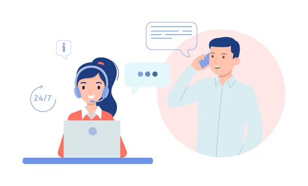Mädchen mit Kopfhörer kommuniziert mit Klient. Technischer Support für Kunden rund um die Uhr, Telefon-Hotline für Unternehmen. — Stockvektor