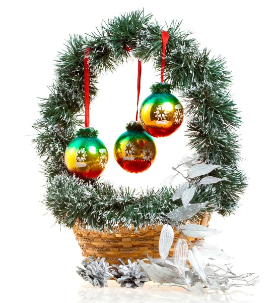 New Year's decorative basket with glass balls — Stock Photo, Image