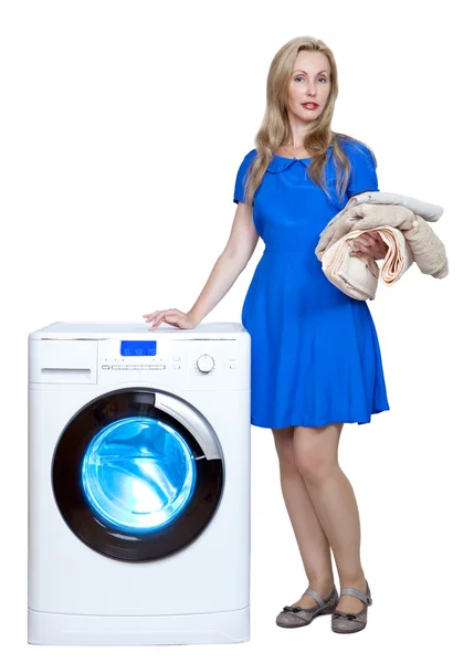 Young woman near the new washing machine — Stock Photo, Image