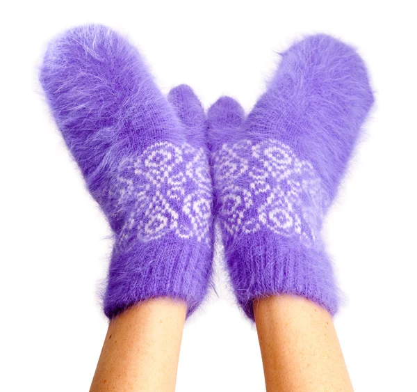 Hands in fluffy lilac mittens — Stock Photo, Image